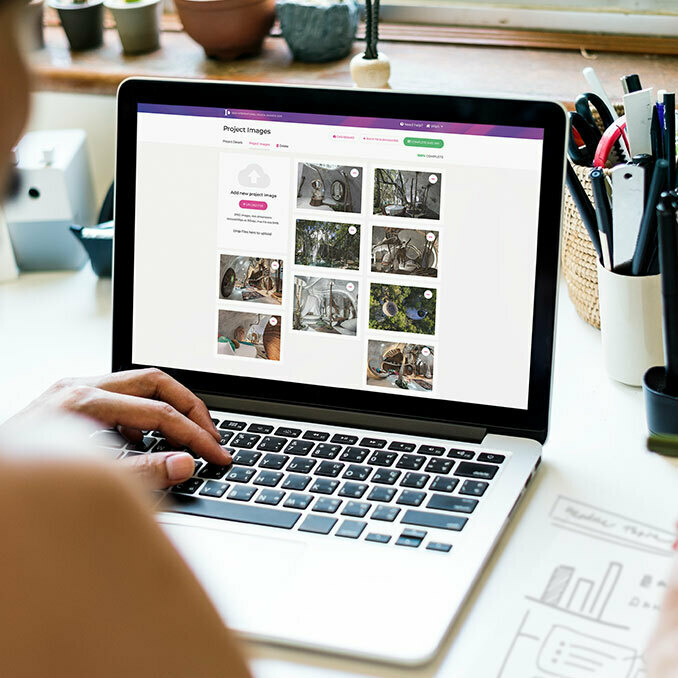 Project Images page on a laptop screen with thumbnail project photos and upload controls.