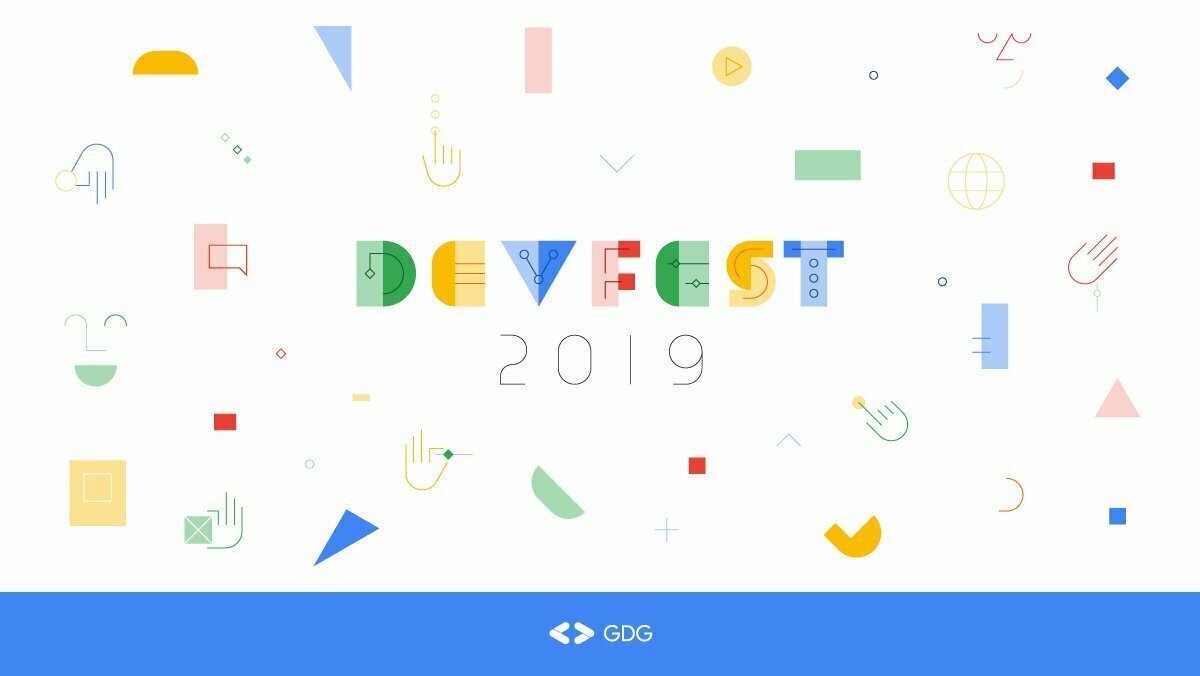DEVFEST 2019 poster with colorful geometric icons and GDG logo.