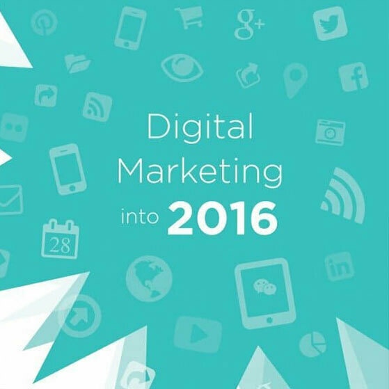 Digital Marketing into 2016 with social media icons on a teal background.