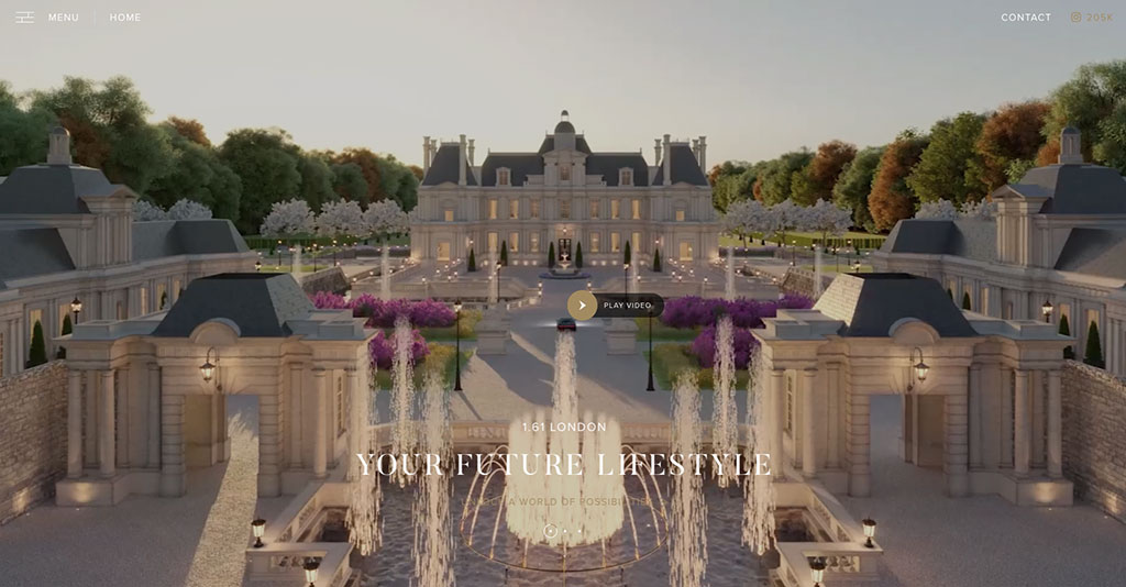 Grand estate courtyard with fountain and the text “YOUR FUTURE LIFESTYLE” and “PLAY VIDEO”.