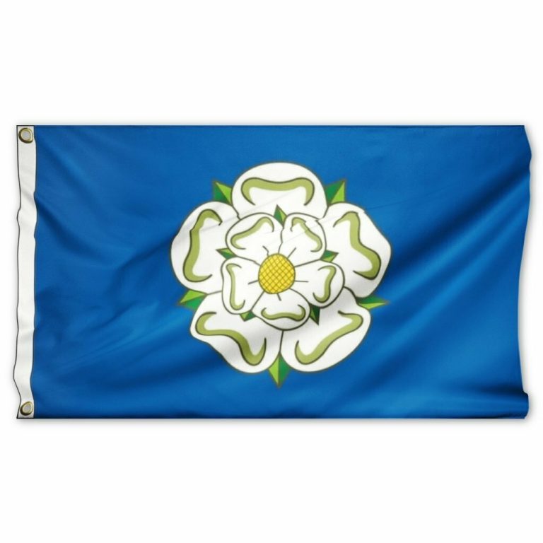Blue flag with a white rose emblem in the center.
