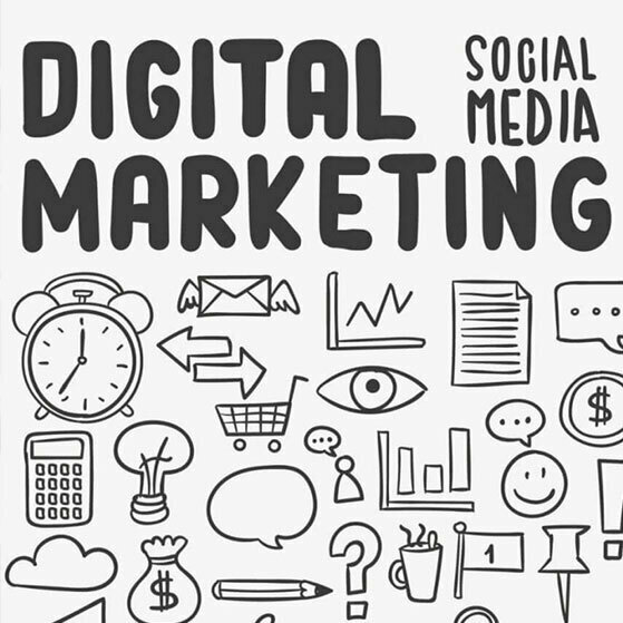DIGITAL MARKETING SOCIAL MEDIA with sketch icons for email, analytics, shopping, chat and money.
