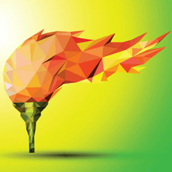 Low-poly orange flame-like form against a yellow-green gradient background.
