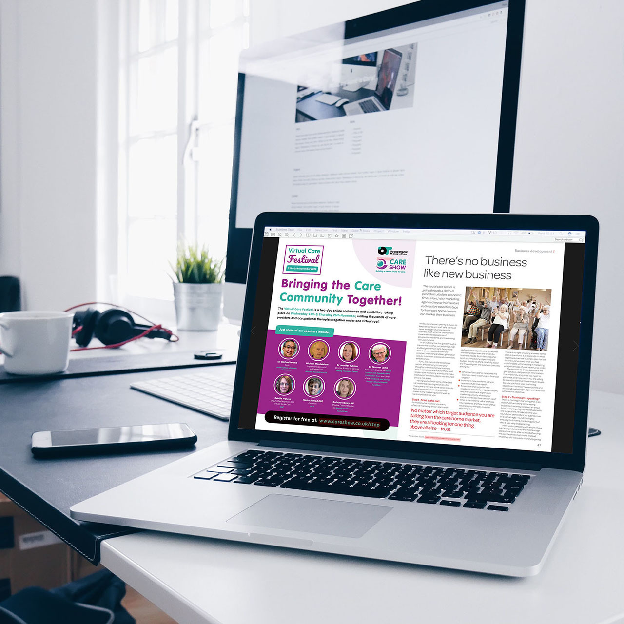Laptop displaying a magazine spread for Virtual Care Festival, with the headline “Bringing the Care Community Together!”