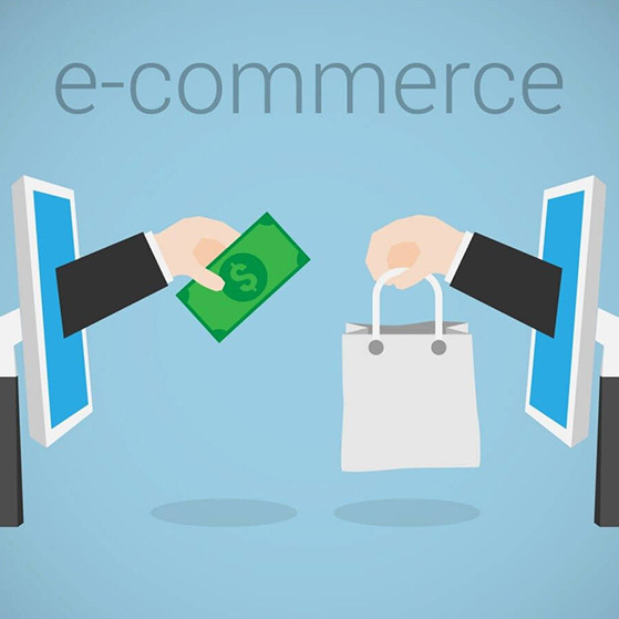 E-commerce illustration of hands exchanging money and a shopping bag through screens