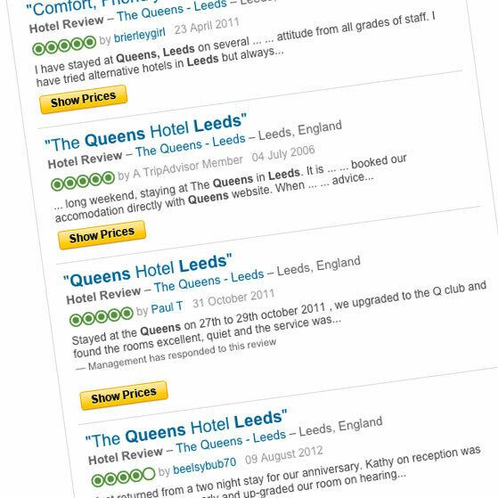 Hotel review listings for The Queens Hotel Leeds with “Show Prices” buttons.