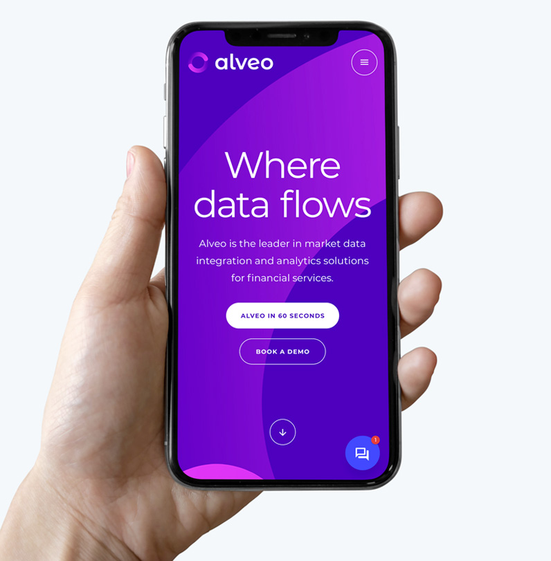 Smartphone displaying the Alveo homepage with the text “Where data flows” and “Book a demo”.