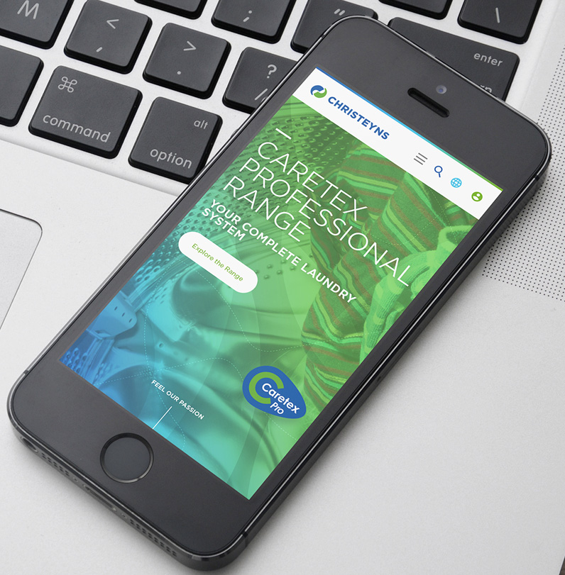 Smartphone displaying the Christeyns Caretex Professional Range website.