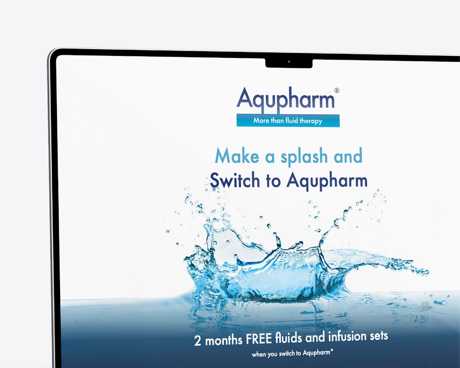Aqupharm ad on a tablet: “Make a splash and Switch to Aqupharm” with “2 months FREE fluids and infusion sets.”