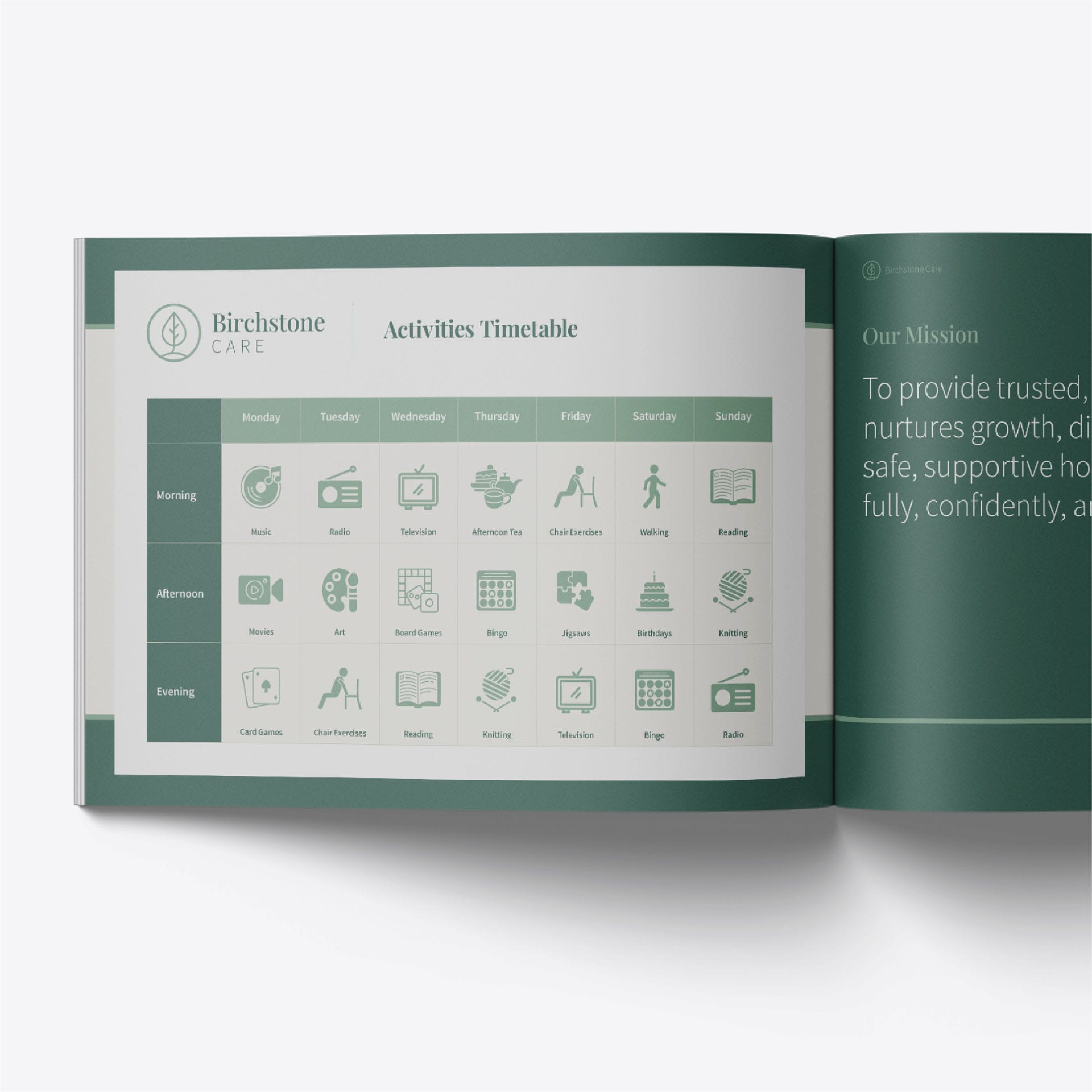 Birchstone Care brochure spread with an Activities Timetable and an Our Mission panel.