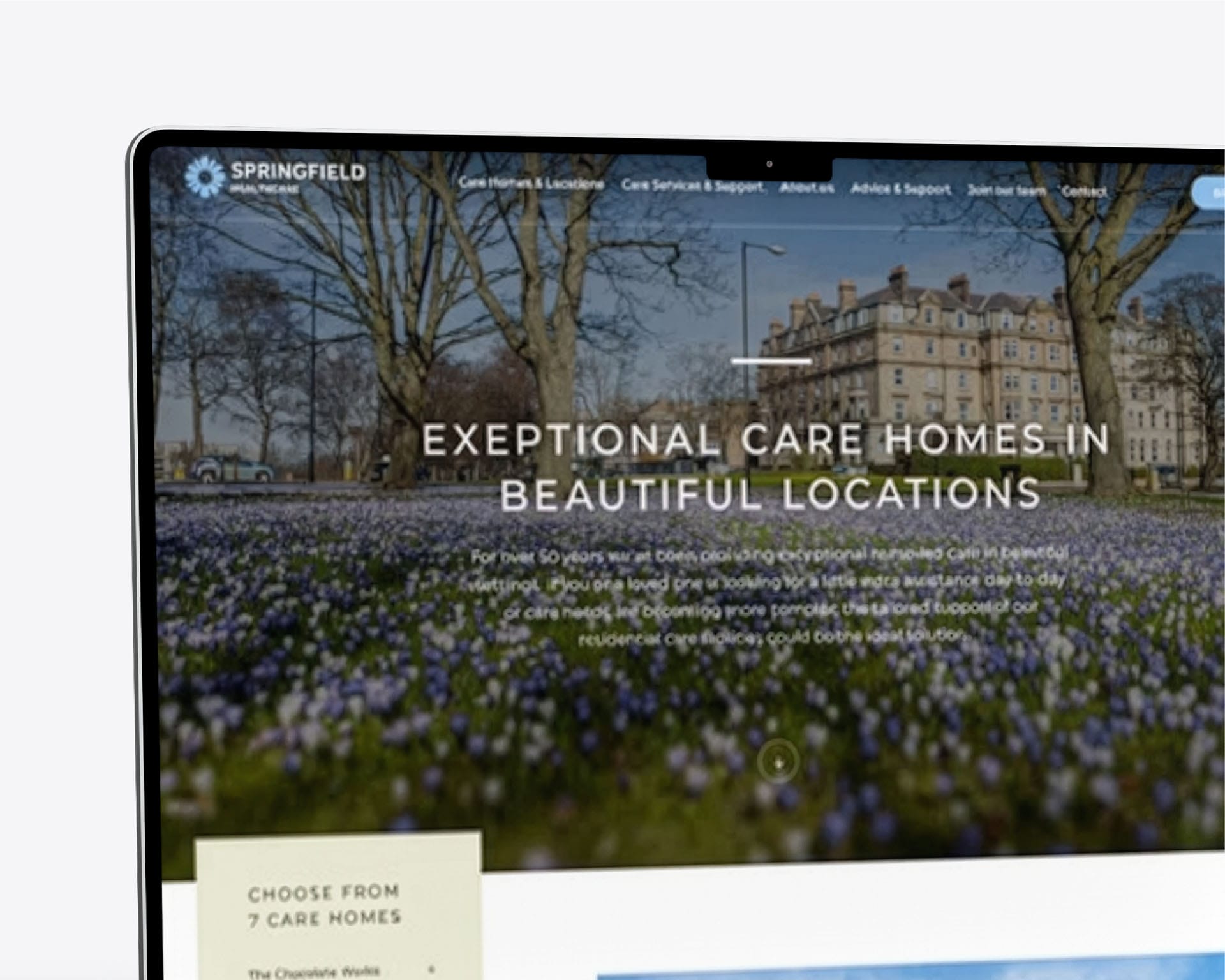 Springfield website homepage on a laptop, showing “EXCEPTIONAL CARE HOMES IN BEAUTIFUL LOCATIONS.”