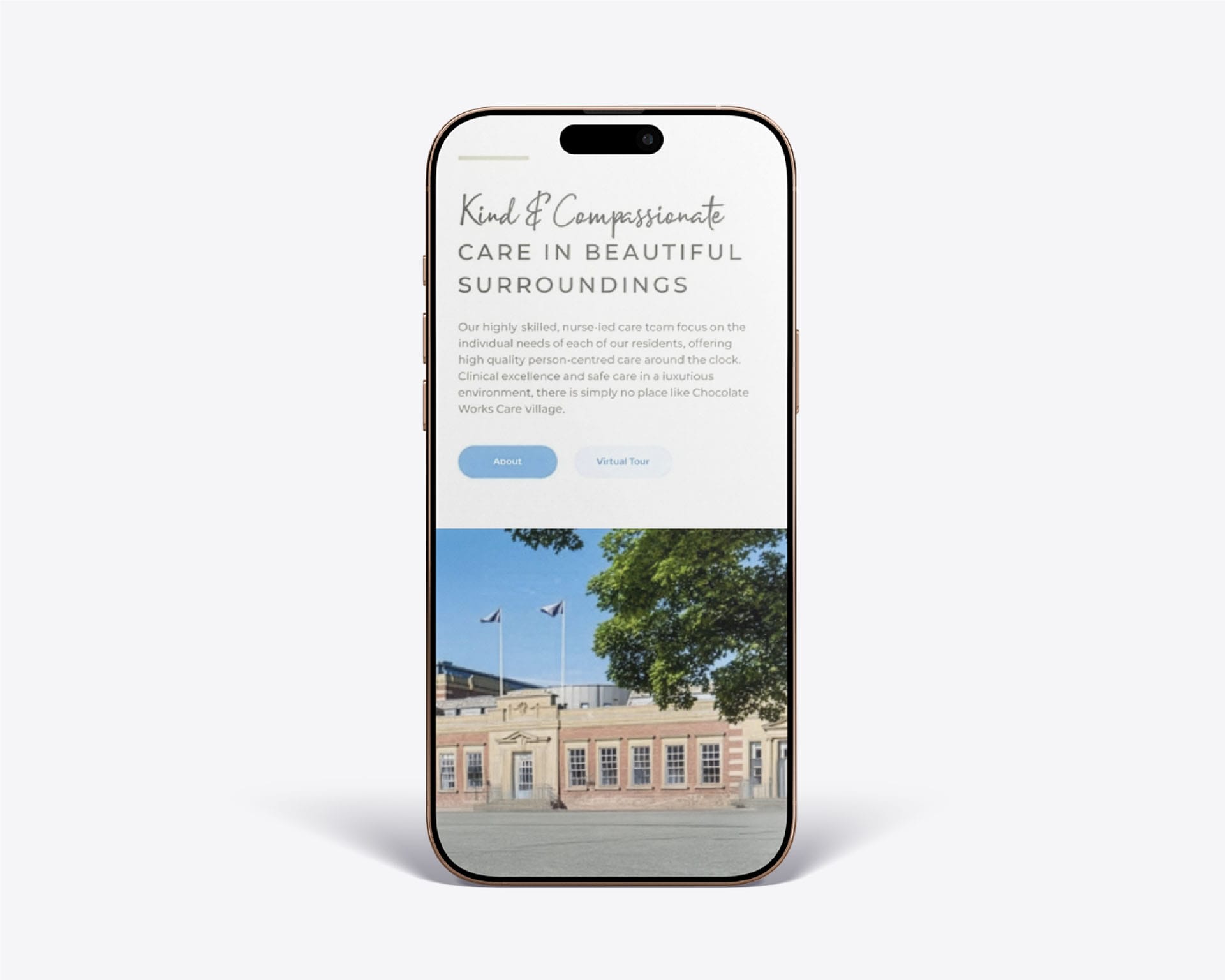 Smartphone mockup showing a care home website with the headline “Kind & Compassionate Care in Beautiful Surroundings” and a building photo.