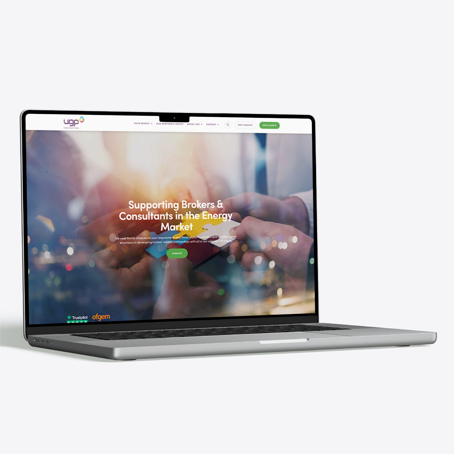 UGP website on a laptop screen with the heading “Supporting Brokers & Consultants in the Energy Market”.