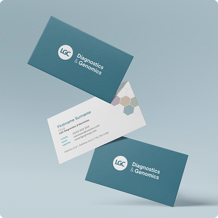 LGC Diagnostics & Genomics business cards, including a sample card labeled “Firstname Surname.”