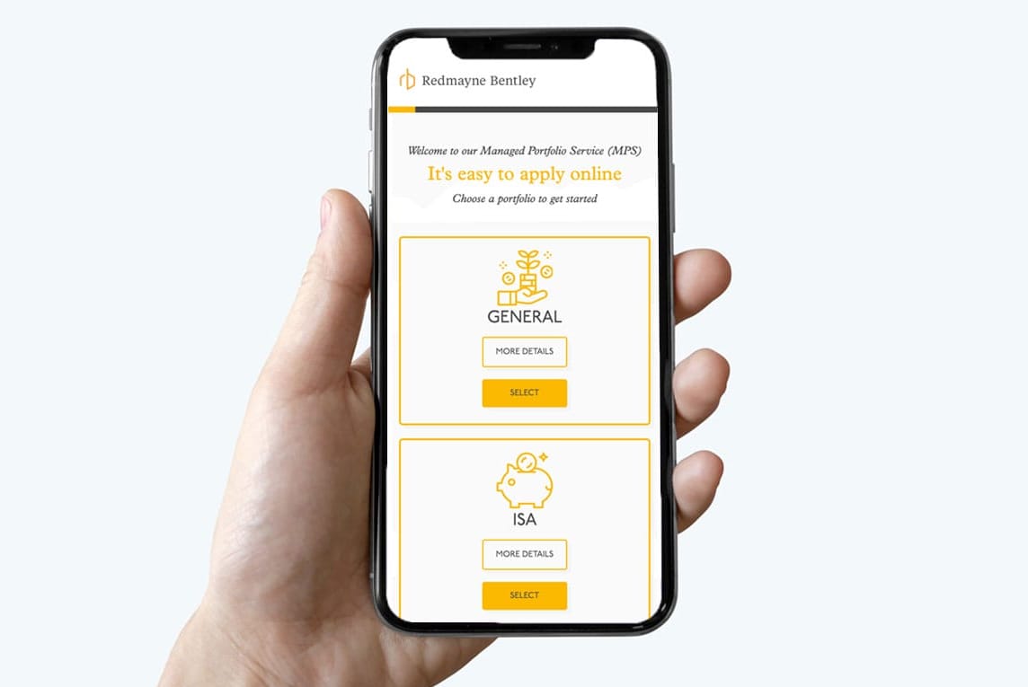 Hand holding a phone showing Redmayne Bentley’s managed portfolio service with General and ISA options.