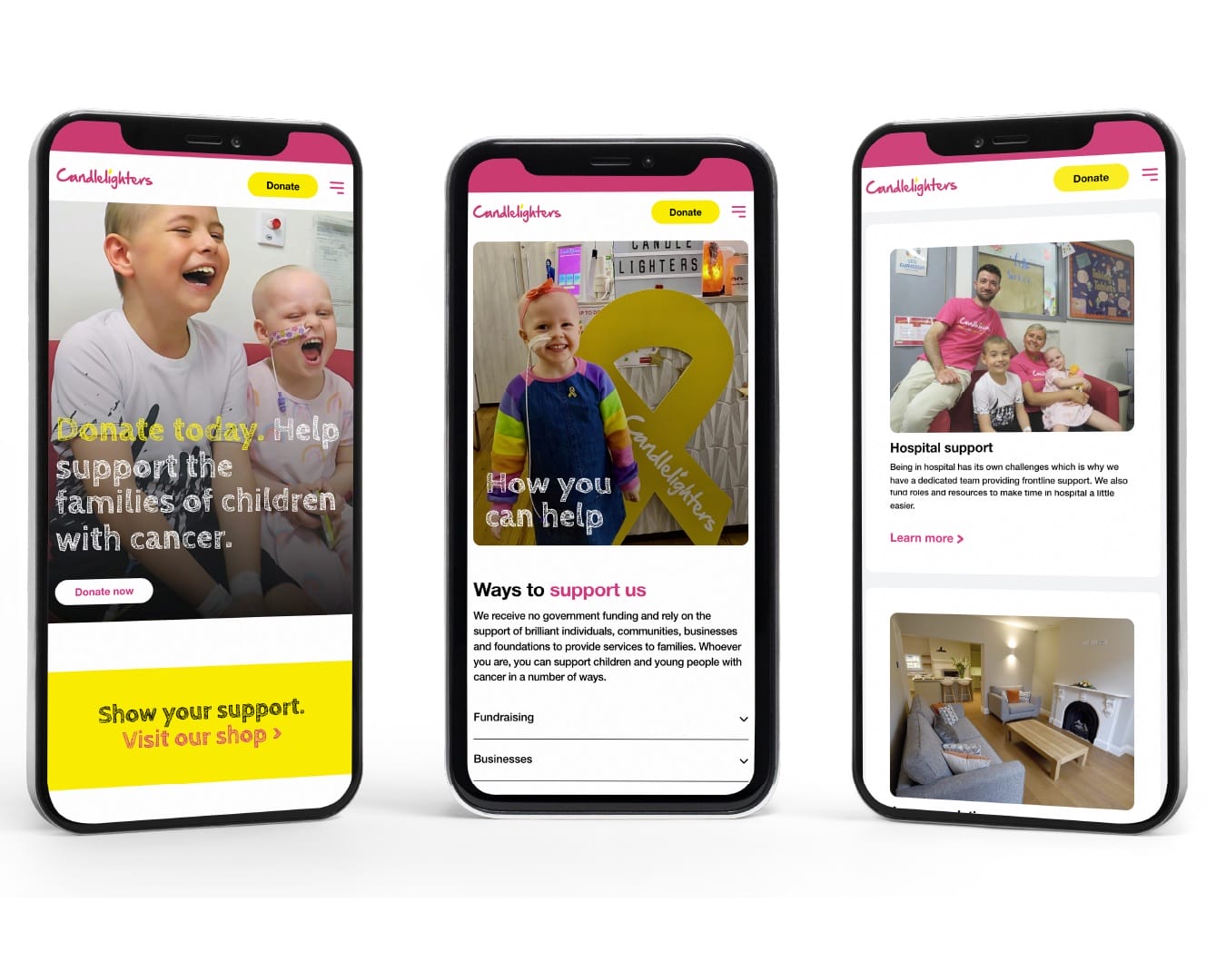 Three mobile screens preview the Candlelighters site with donate, support and hospital support pages.
