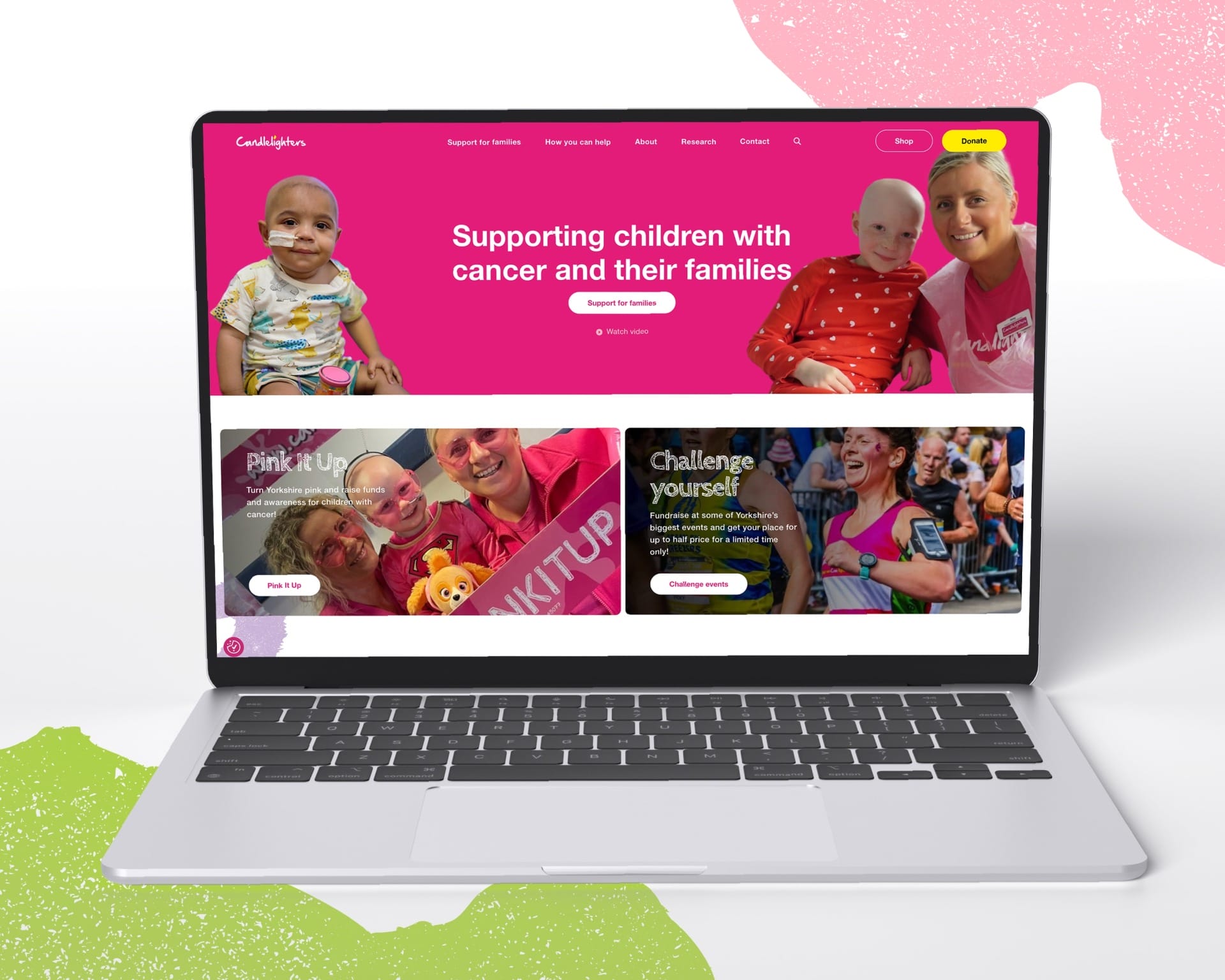 Laptop displaying Candlelighters homepage with the headline “Supporting children with cancer and their families.”