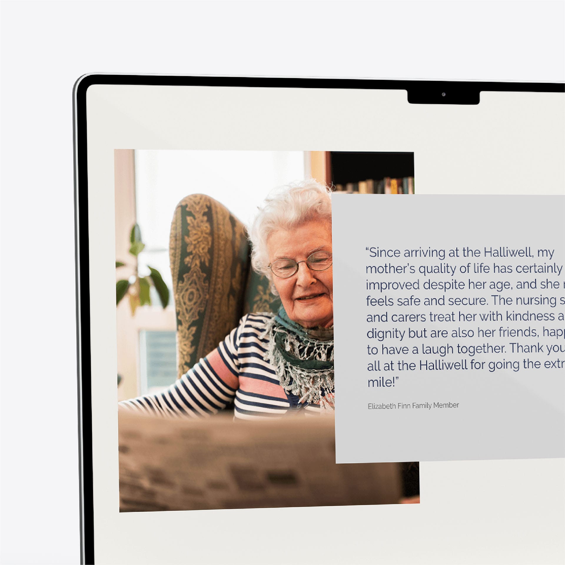 Elderly woman beside a testimonial quote from an Elizabeth Finn family member on a laptop screen.