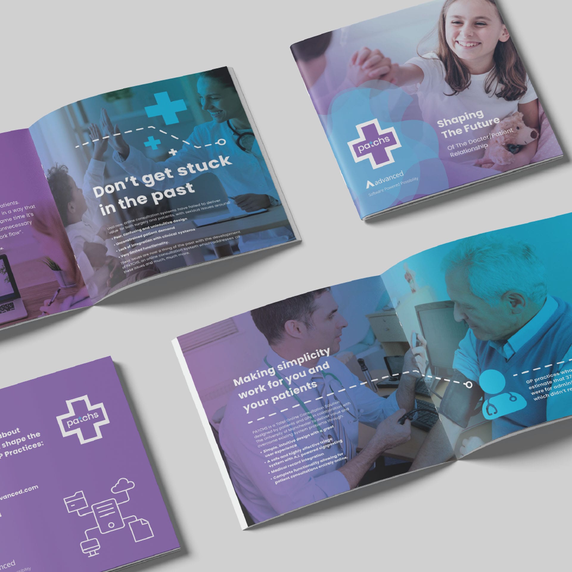 Patchs brochures showing “Don’t get stuck in the past,” “Shaping the Future,” and “Making simplicity work for you and your patients.”
