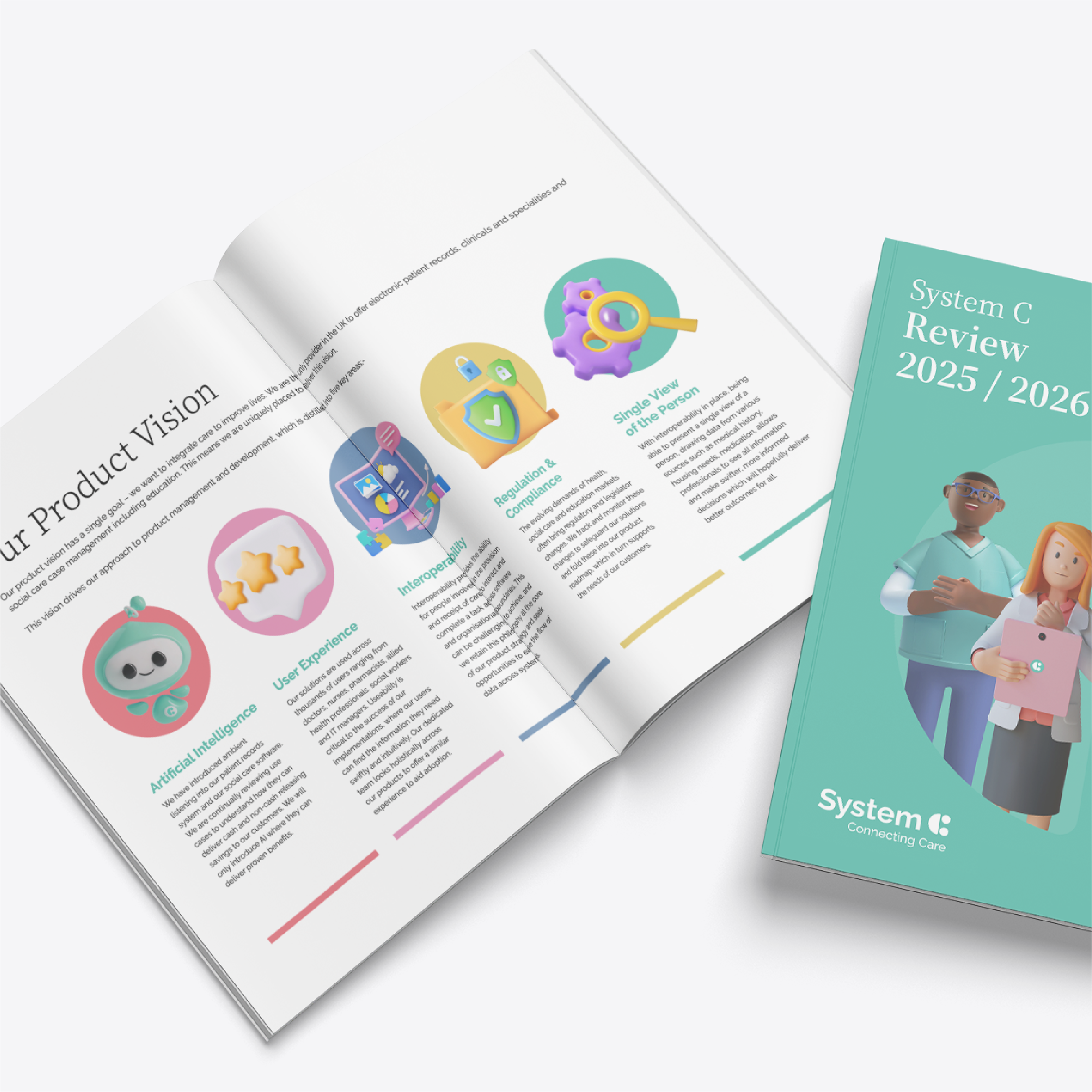 Open System C brochure showing product vision features alongside a System C Review 2025/2026 cover.