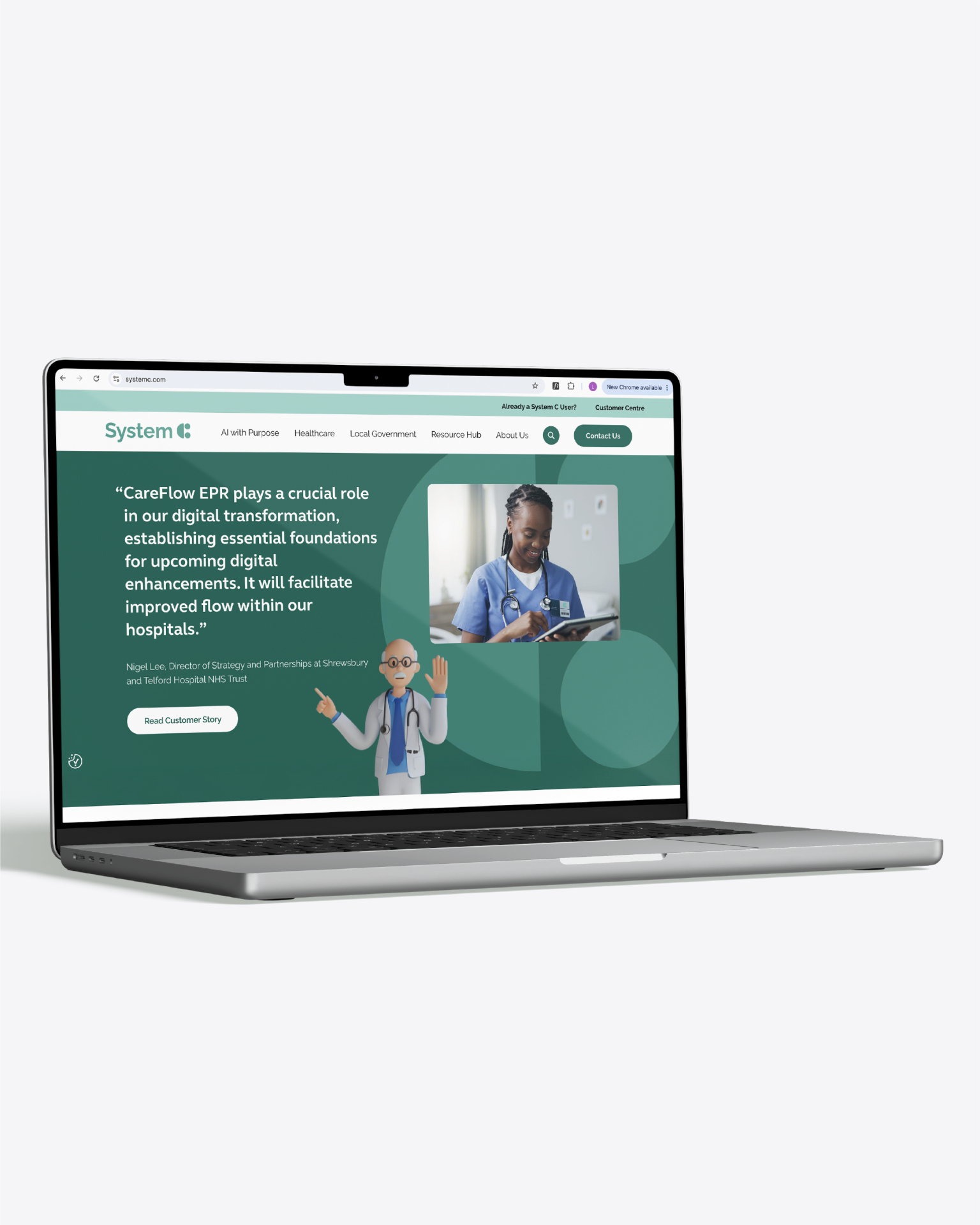 Laptop displaying the System C website with a CareFlow EPR customer quote and nurse photo.