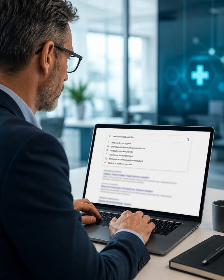 Man searches "medical device supplier" on a laptop in an office with a medical cross on screen.