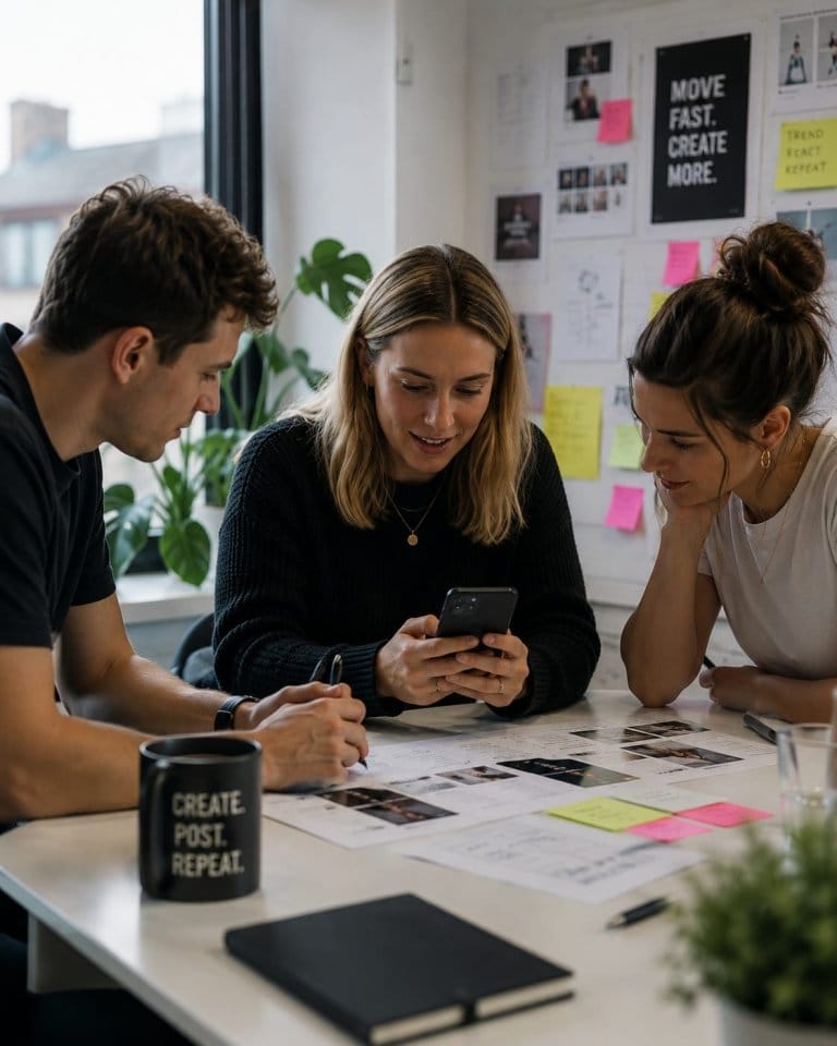 Three coworkers review a content plan on a laptop, with a mug reading “CREATE POST. REPEAT.”