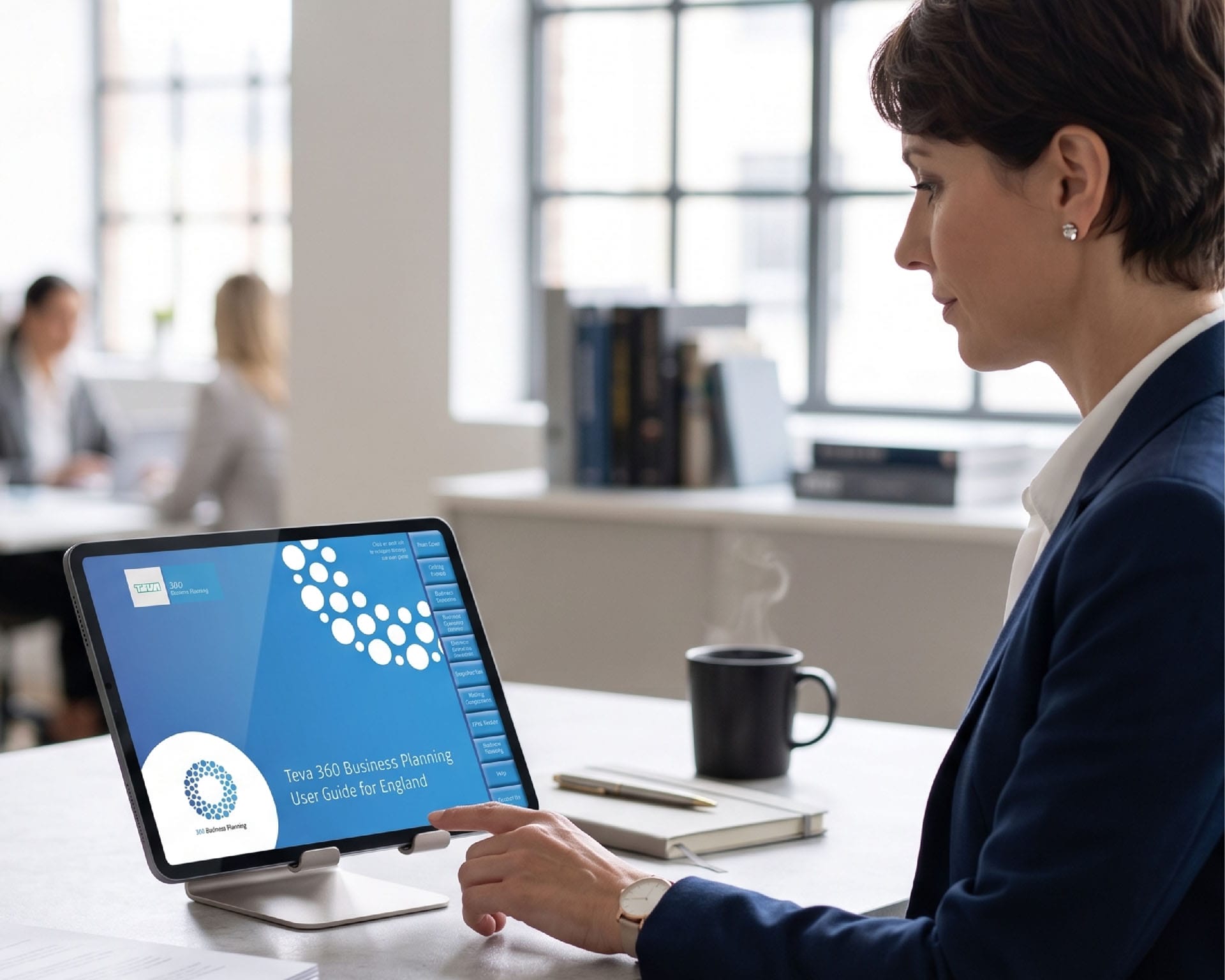 Woman in an office pointing to a tablet displaying “Teva 360 Business Planning User Guide for England”.